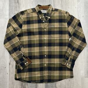 Barbour Flannel Shirt Tailored Shadow Tartan Plaid Button Shirt Corduroy Trim L
